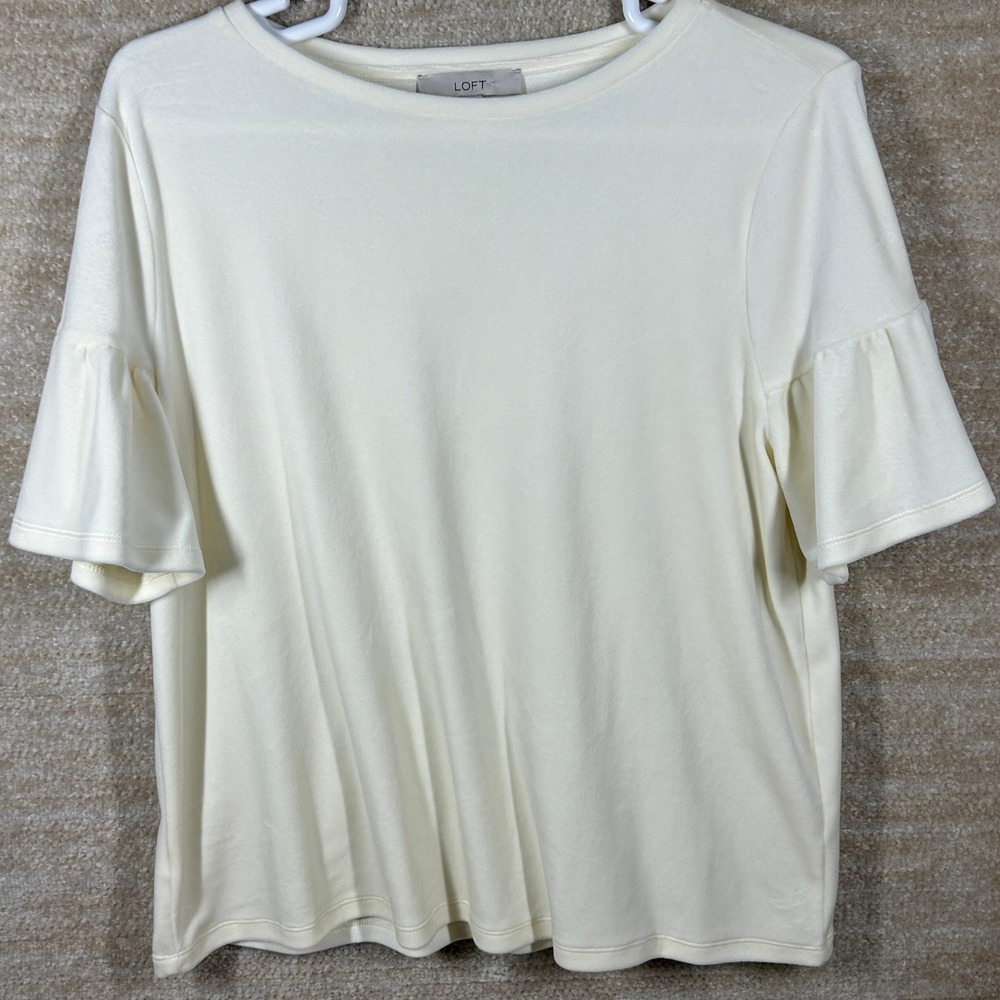 LOFT Womens Modern Ruffle Sleeve Velvet Knit Top Cream XL Ivory Short Sleeve